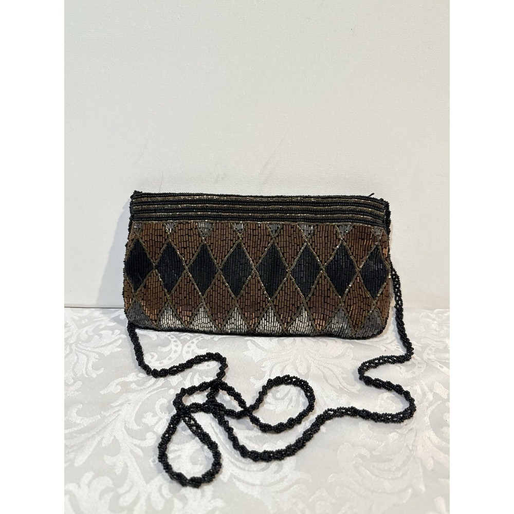 vintage black, copper, and silver beaded shoulder/clutch bag/evening purse